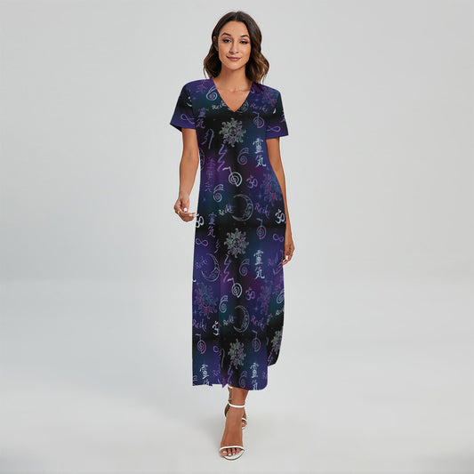 Reiki Energy Pattern Print Short Sleeve Maxi Dress