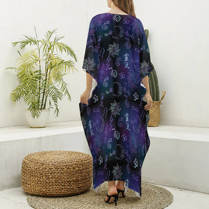 Reiki Energy Pattern Print Silk V-Neck Kaftan Dress