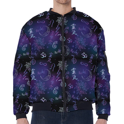 Reiki Energy Pattern Print Zip Sleeve Bomber Jacket