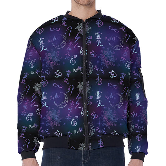 Reiki Energy Pattern Print Zip Sleeve Bomber Jacket
