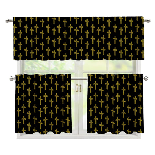 Religious Cross Pattern Print 3 Piece Kitchen Curtains