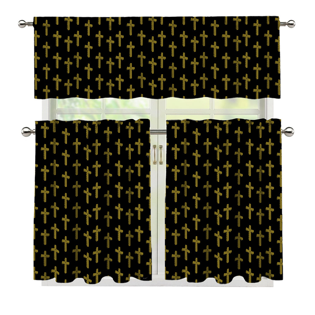 Religious Cross Pattern Print 3 Piece Kitchen Curtains