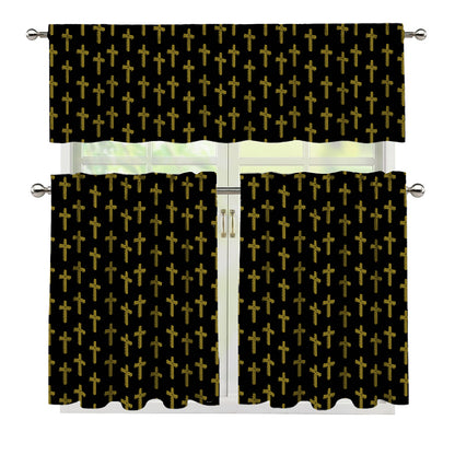 Religious Cross Pattern Print 3 Piece Kitchen Curtains