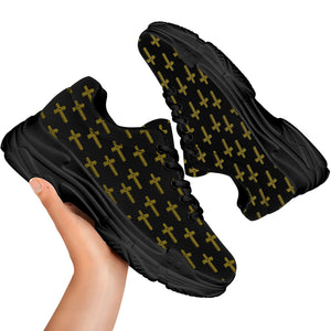 Religious Cross Pattern Print Black Chunky Shoes