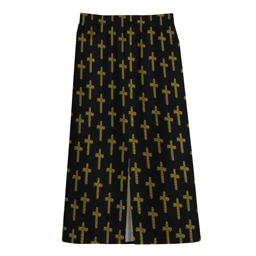 Religious Cross Pattern Print Cotton Front Slit Maxi Skirt