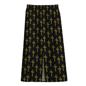 Religious Cross Pattern Print Cotton Front Slit Maxi Skirt