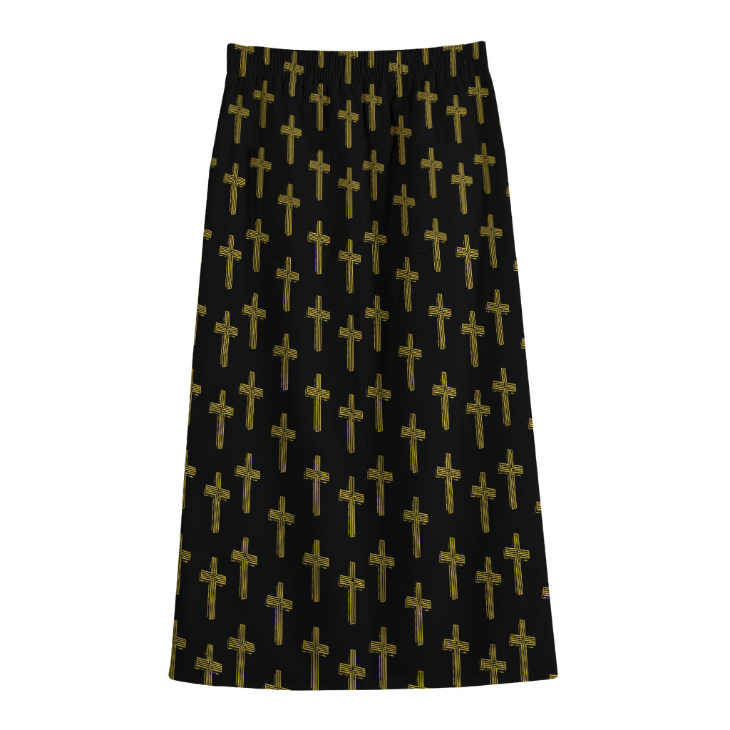 Religious Cross Pattern Print Cotton Front Slit Maxi Skirt