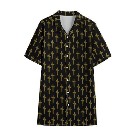 Religious Cross Pattern Print Cotton Hawaiian Shirt
