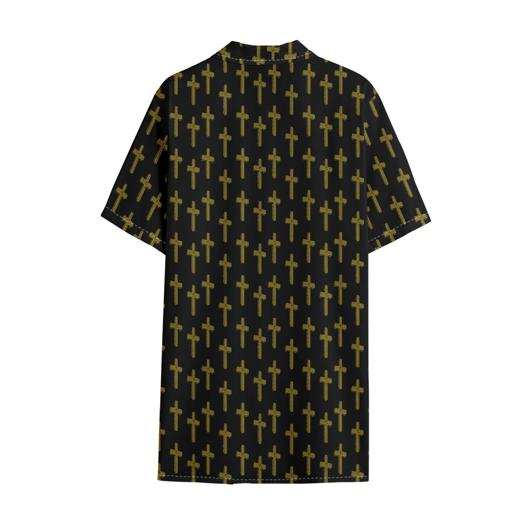 Religious Cross Pattern Print Cotton Hawaiian Shirt