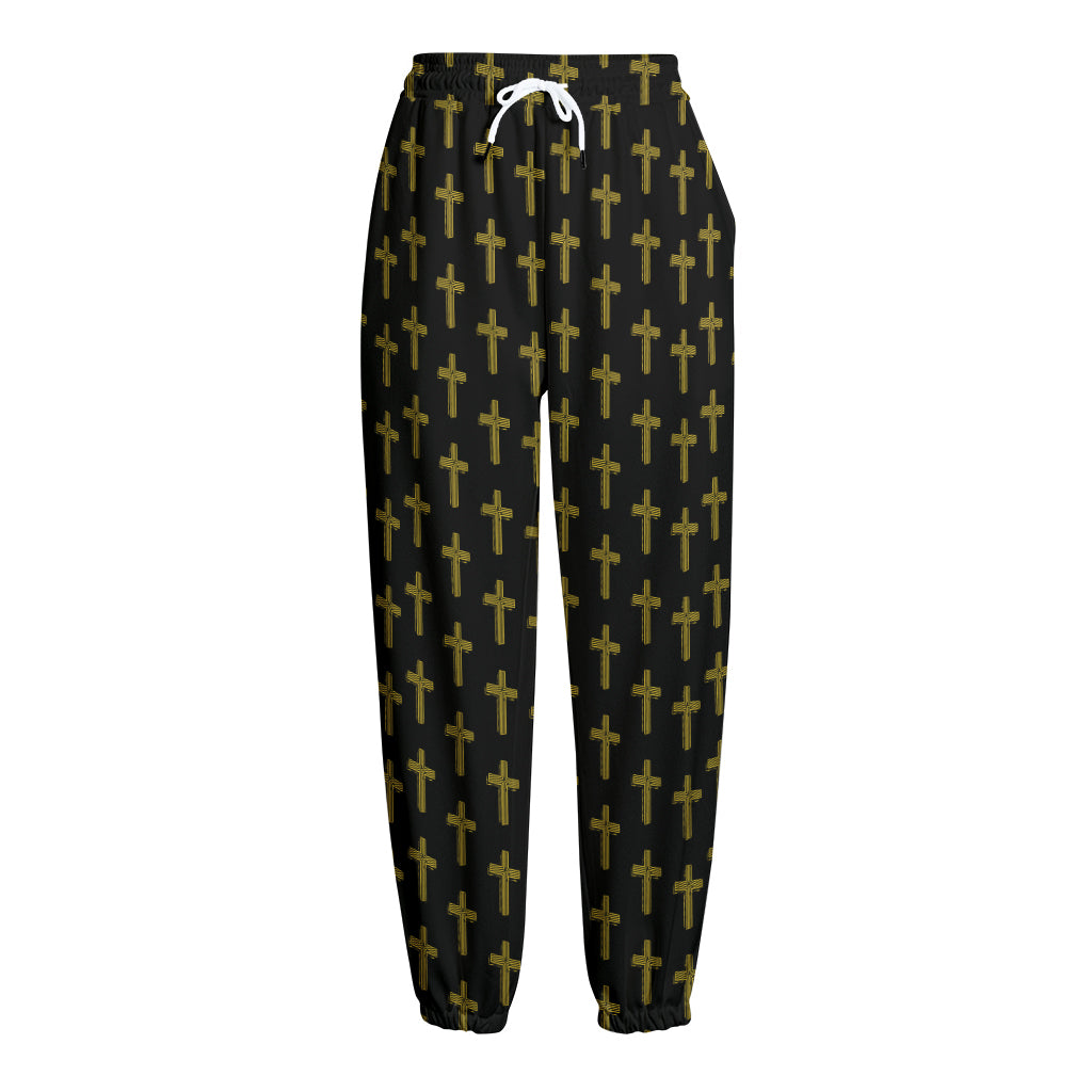 Religious Cross Pattern Print Fleece Lined Knit Pants