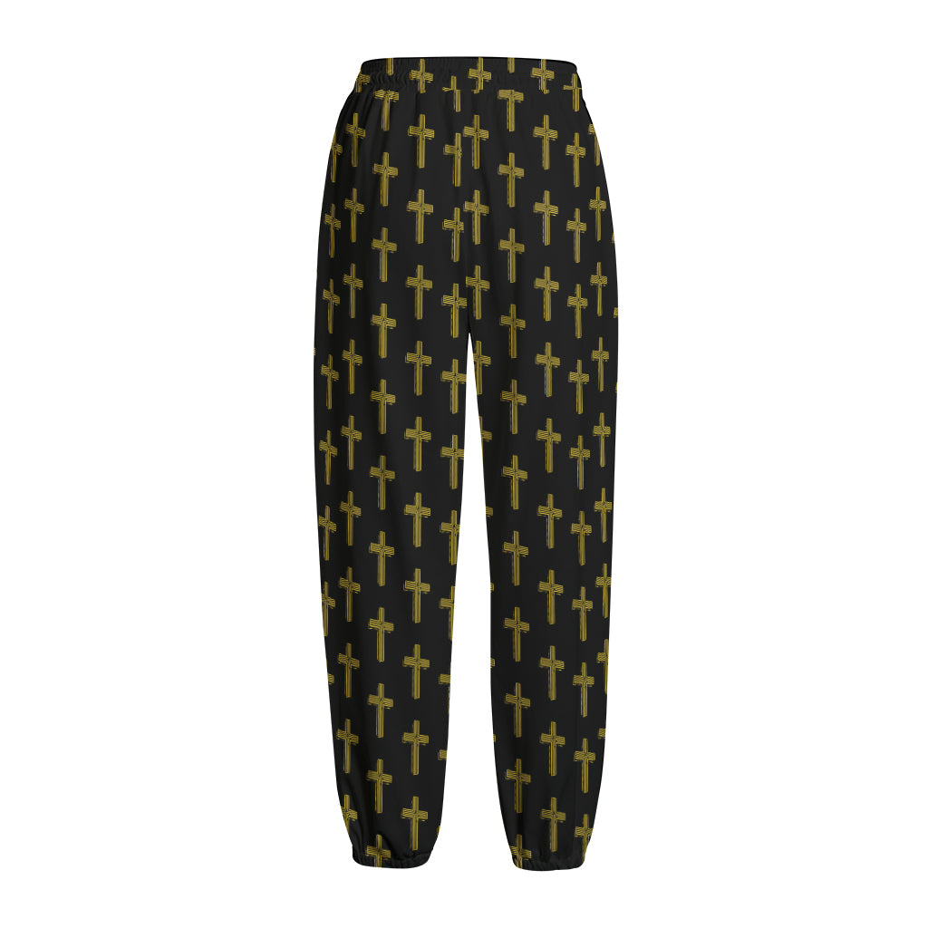 Religious Cross Pattern Print Fleece Lined Knit Pants