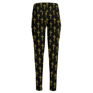 Religious Cross Pattern Print High-Waisted Pocket Leggings