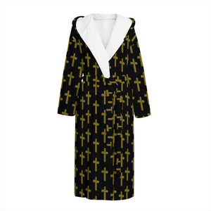 Religious Cross Pattern Print Hooded Bathrobe