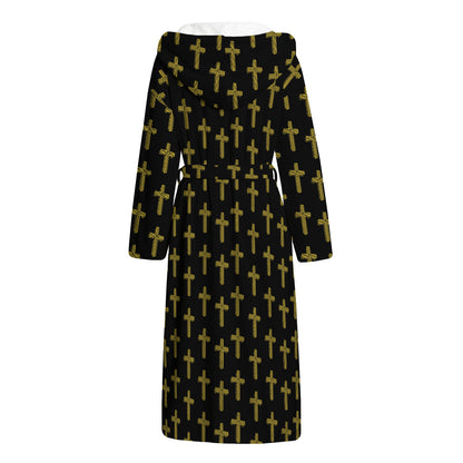 Religious Cross Pattern Print Hooded Bathrobe