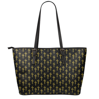 Religious Cross Pattern Print Leather Tote Bag