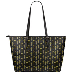 Religious Cross Pattern Print Leather Tote Bag