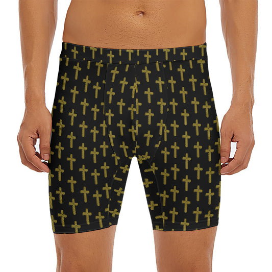 Religious Cross Pattern Print Men's Long Boxer Briefs