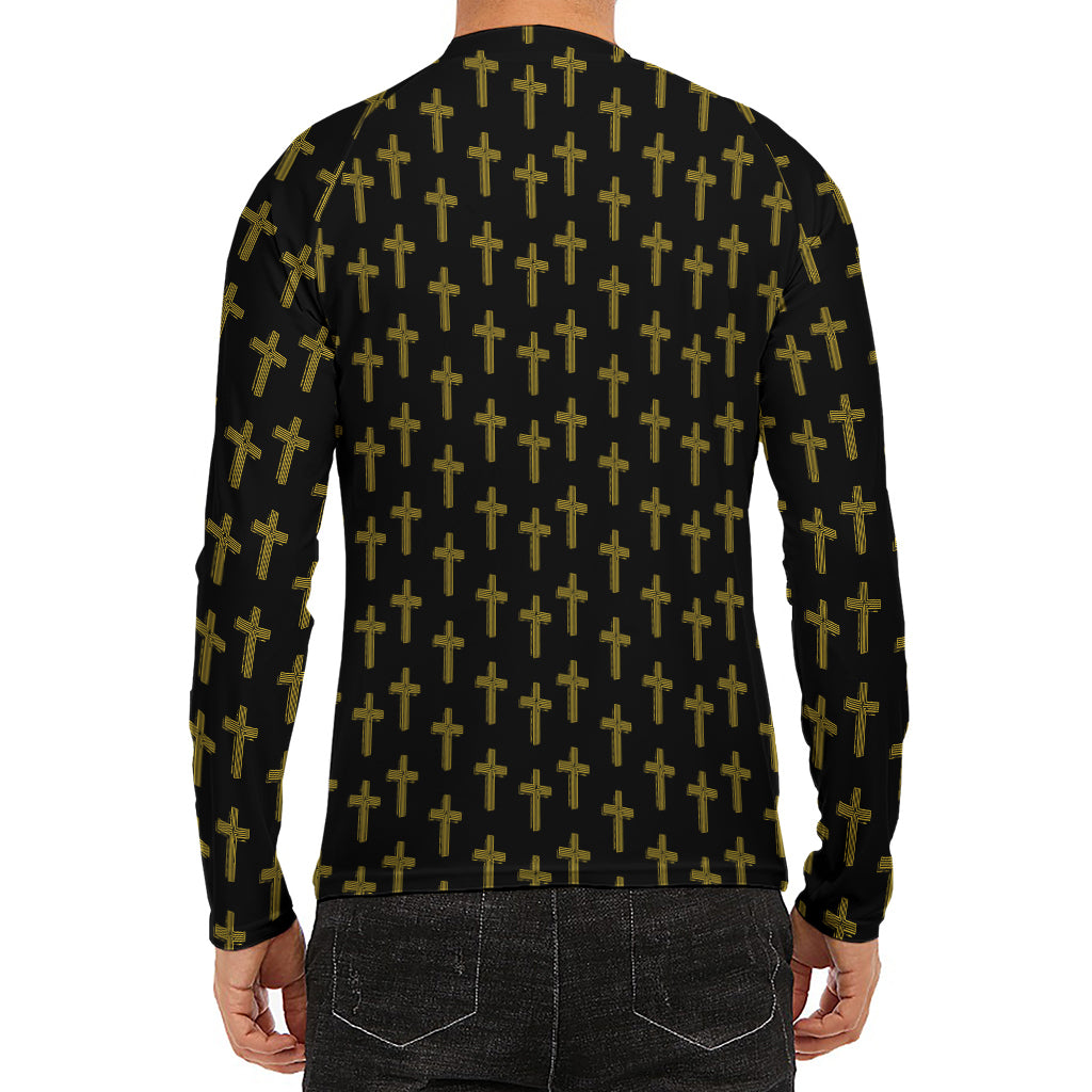 Religious Cross Pattern Print Men's Long Sleeve Rash Guard