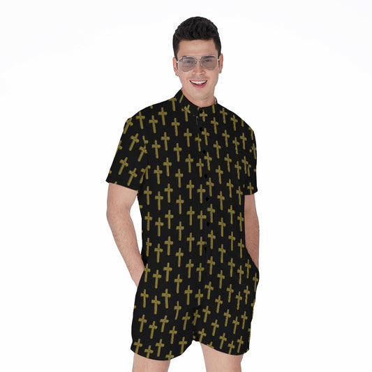 Religious Cross Pattern Print Men's Rompers