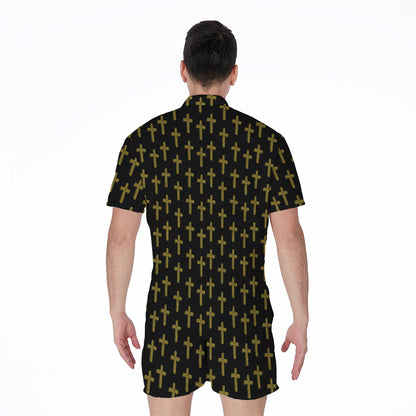 Religious Cross Pattern Print Men's Rompers