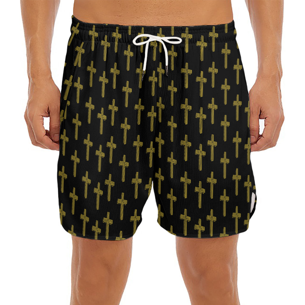 Religious Cross Pattern Print Men's Split Running Shorts