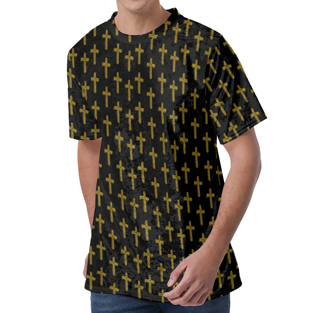 Religious Cross Pattern Print Men's Velvet T-Shirt