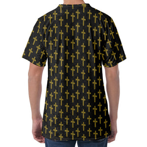 Religious Cross Pattern Print Men's Velvet T-Shirt