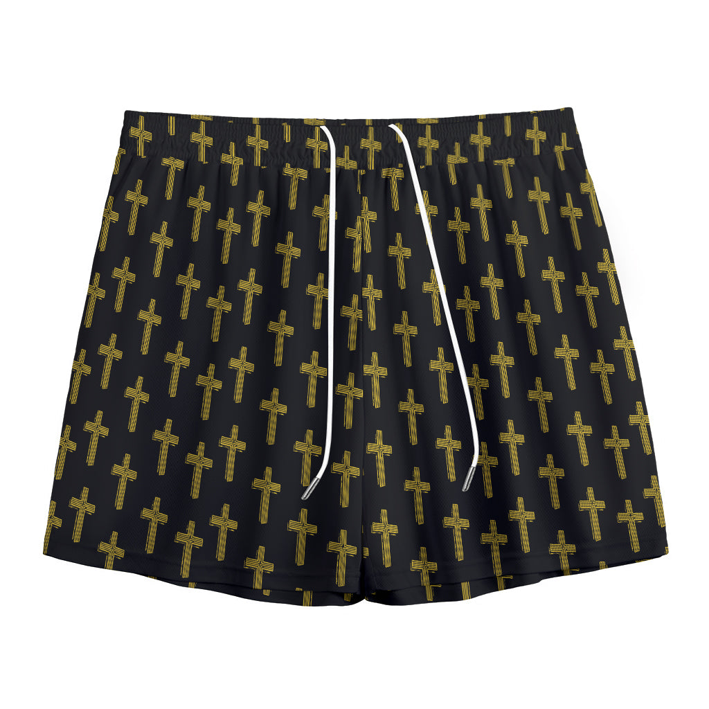 Religious Cross Pattern Print Mesh Shorts
