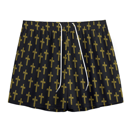 Religious Cross Pattern Print Mesh Shorts