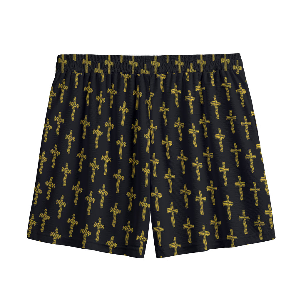 Religious Cross Pattern Print Mesh Shorts