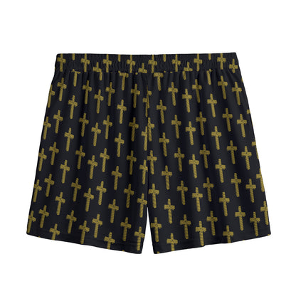 Religious Cross Pattern Print Mesh Shorts