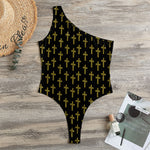 Religious Cross Pattern Print One Shoulder Bodysuit