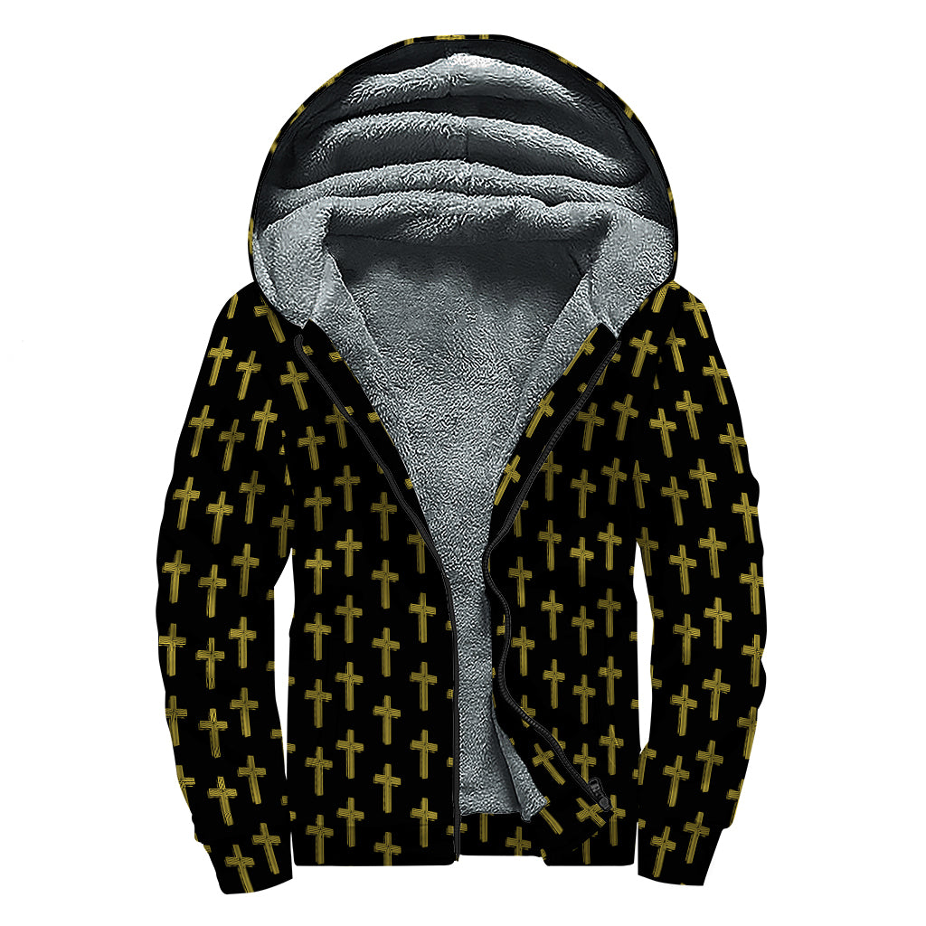Religious Cross Pattern Print Sherpa Lined Zip Up Hoodie