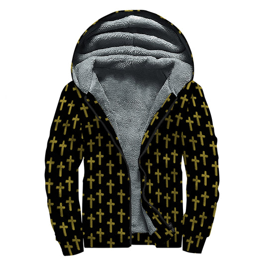 Religious Cross Pattern Print Sherpa Lined Zip Up Hoodie