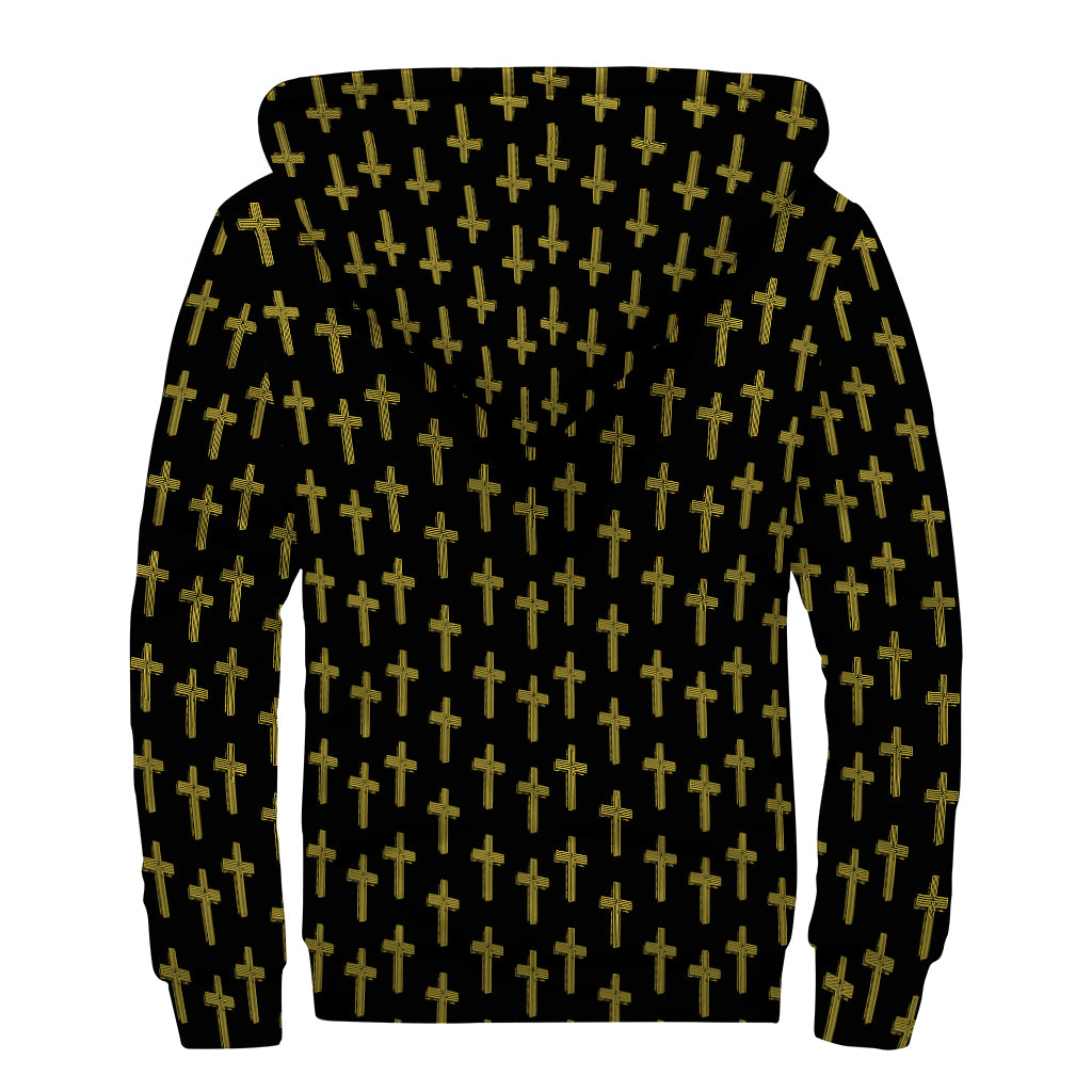 Religious Cross Pattern Print Sherpa Lined Zip Up Hoodie