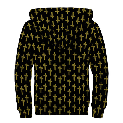 Religious Cross Pattern Print Sherpa Lined Zip Up Hoodie