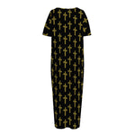 Religious Cross Pattern Print Short Sleeve Long Nightdress