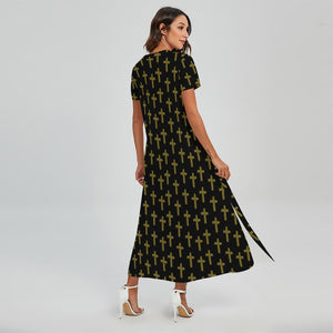 Religious Cross Pattern Print Short Sleeve Maxi Dress