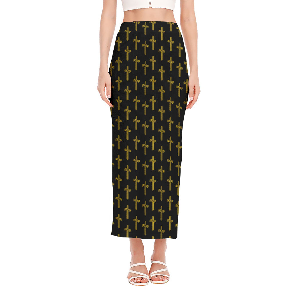 Religious Cross Pattern Print Side Slit Maxi Skirt