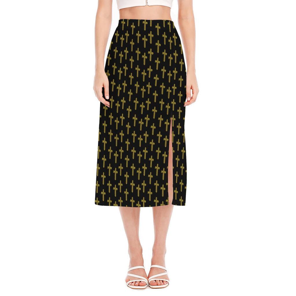 Religious Cross Pattern Print Side Slit Midi Skirt