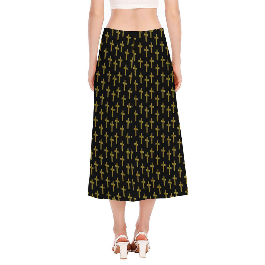 Religious Cross Pattern Print Side Slit Midi Skirt