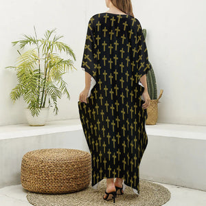 Religious Cross Pattern Print Silk V-Neck Kaftan Dress