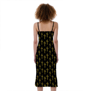 Religious Cross Pattern Print Slim Fit Midi Cami Dress