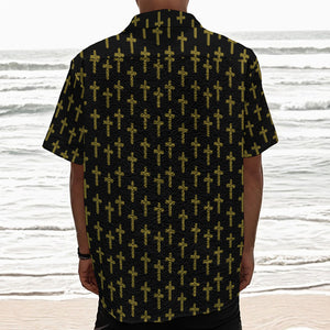 Religious Cross Pattern Print Textured Short Sleeve Shirt