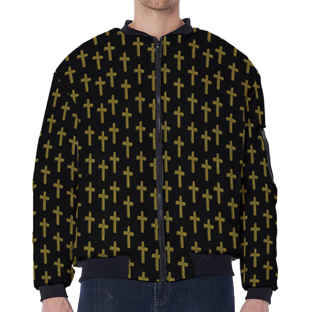 Religious Cross Pattern Print Zip Sleeve Bomber Jacket