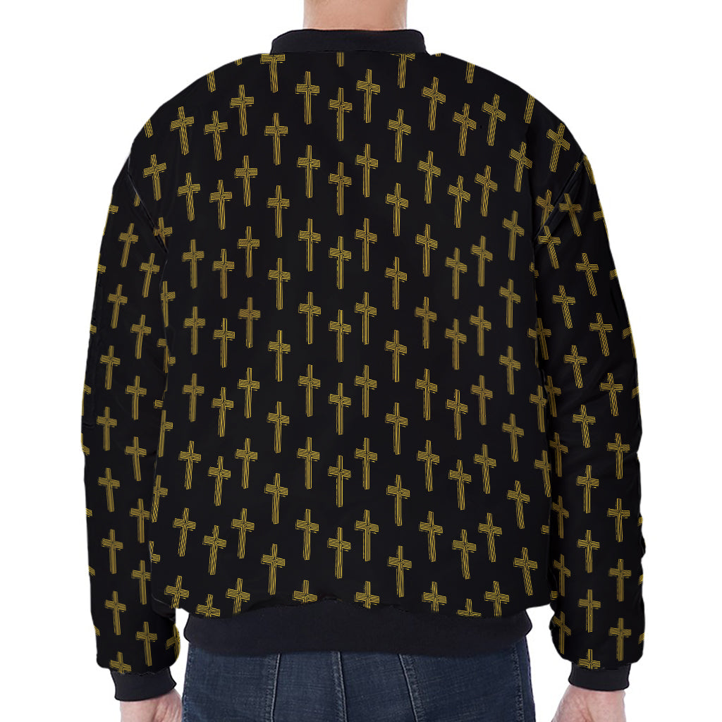 Religious Cross Pattern Print Zip Sleeve Bomber Jacket