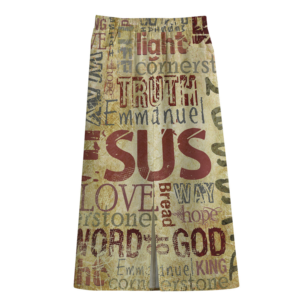 Religious Word Of God Print Cotton Front Slit Maxi Skirt