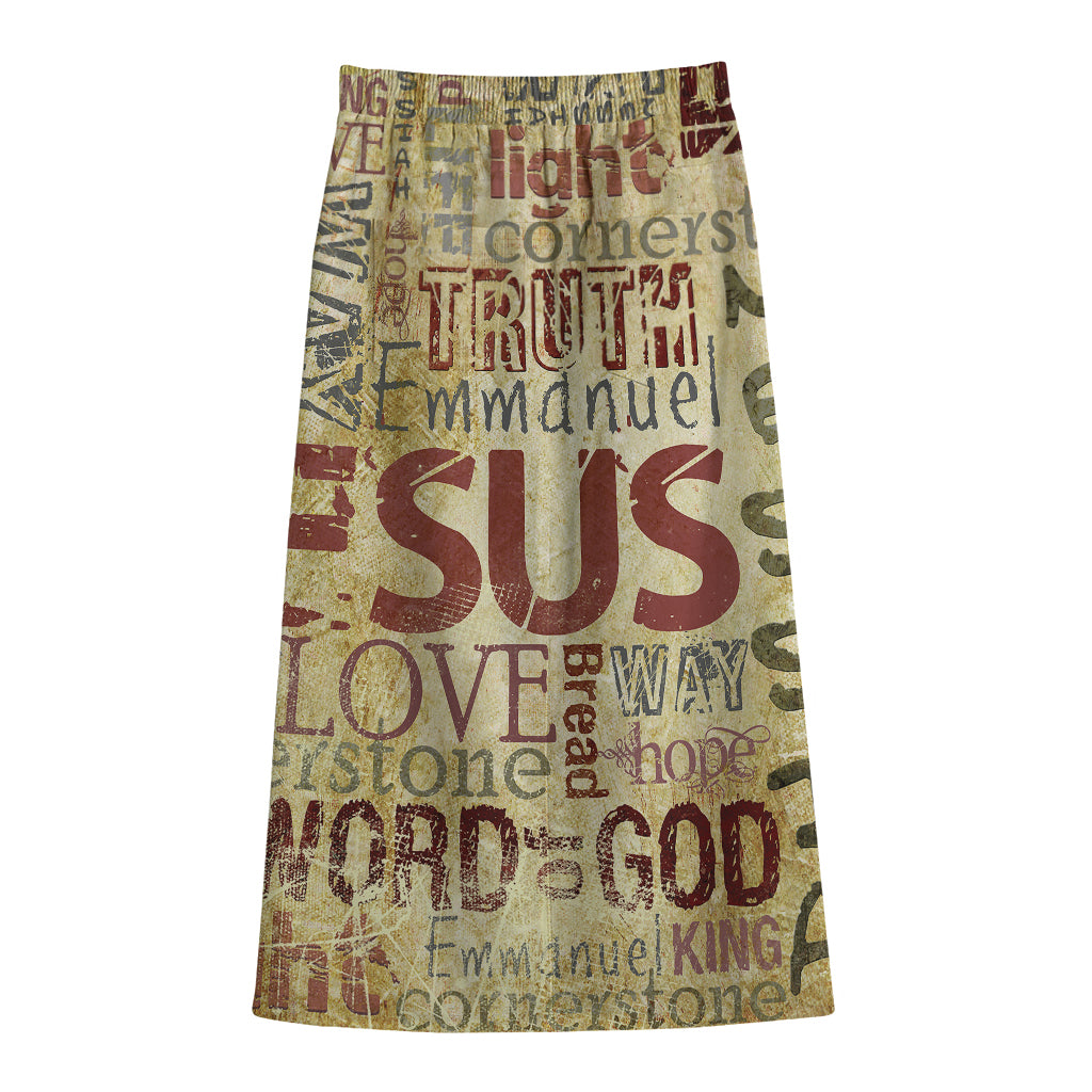 Religious Word Of God Print Cotton Front Slit Maxi Skirt