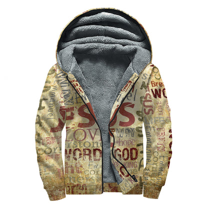 Religious Word Of God Print Sherpa Lined Zip Up Hoodie