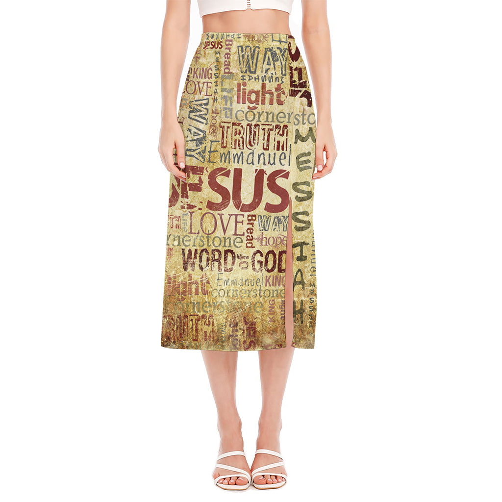 Religious Word Of God Print Side Slit Midi Skirt